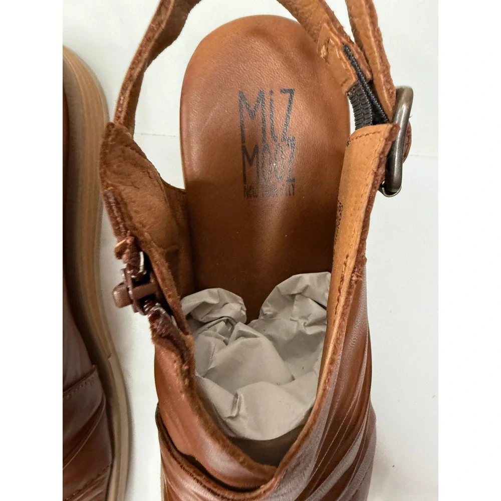 Miz Mooz Conor Brandy Leather Ruched Wedge Sandals Side Zip Euro 38 US 7.5 New
